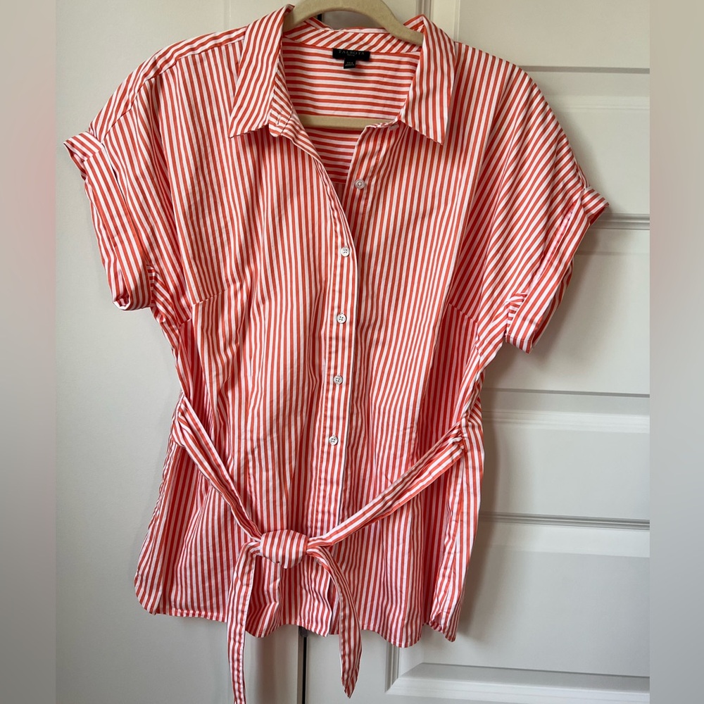 Talbots Petite Orange Stripe Button Front Tie Waist Top Size XLP